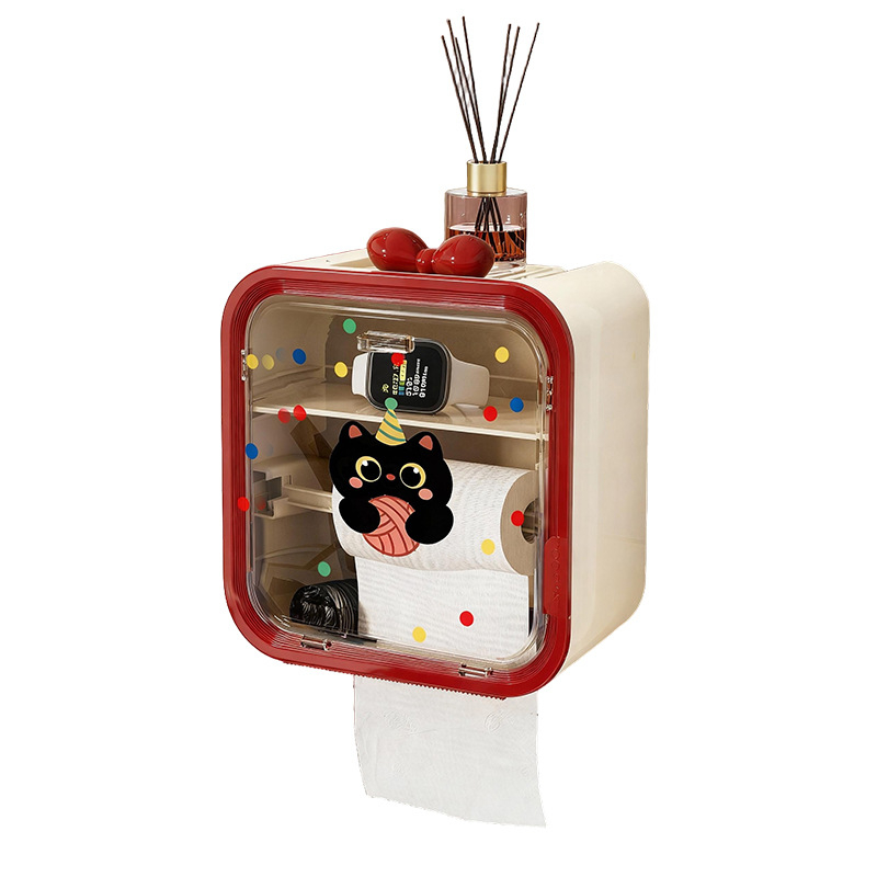 Cutie de șervețele montată pe perete, din plastic, impermeabilă, capacitate mare, model buline cu pisică