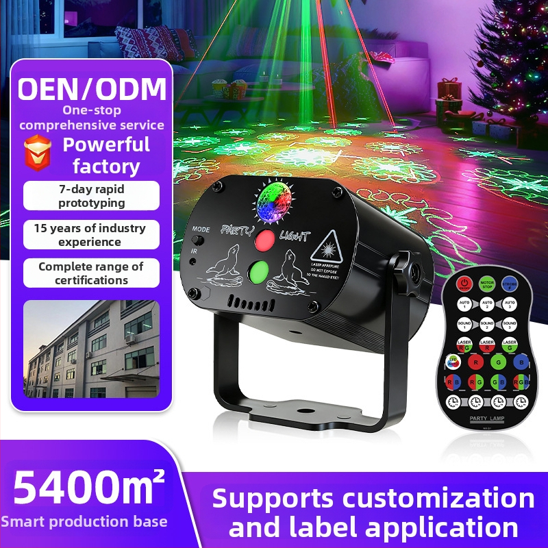 Otáčajúce sa disko laserové svetlo s projekciou pre KTV, hlasové ovládanie a diaľkové ovládanie – osvetlenie na pódium a párty