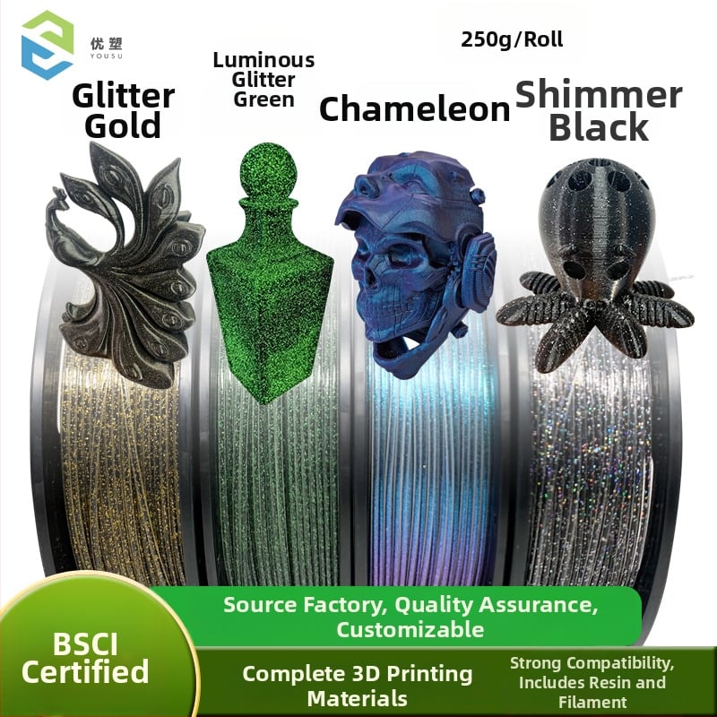 Core-Spun Trblietavý PLA filament, sada 4×250 g, presnosť tlače 0,4 mm, Shine PLA materiál
