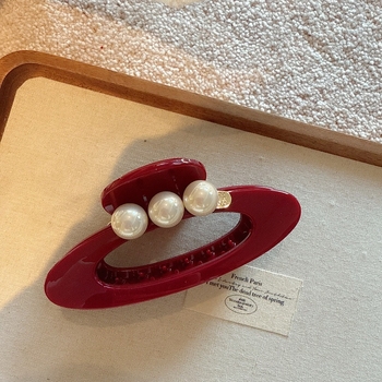 Retro ovalni klips za kosu s biserom, ručno izrađen od akrilika, gripper tip, za žene