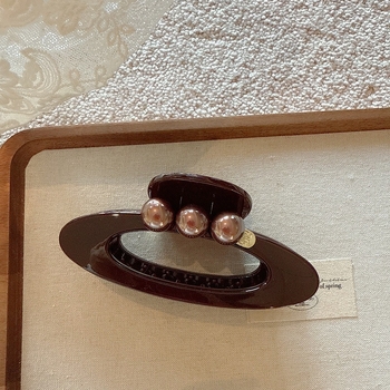 Retro ovalni klips za kosu s biserom, ručno izrađen od akrilika, gripper tip, za žene