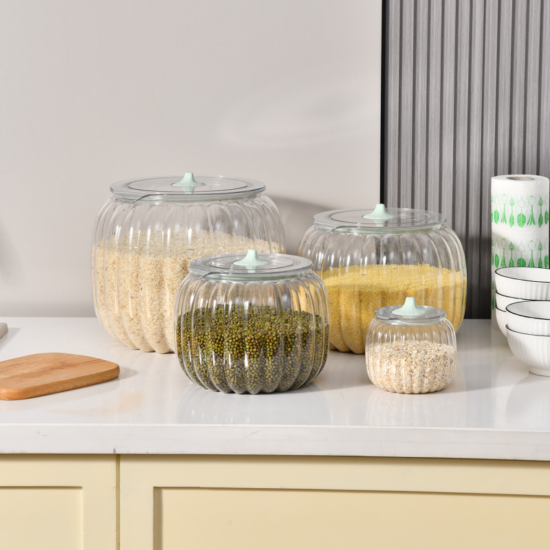 Container de depozitare din plastic, etanș, în formă de dovleac, transparent pentru orez și cereale (Capacitate: 5L+, Origine: Taizhou)