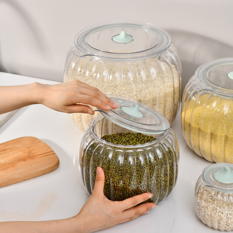 Container de depozitare din plastic, etanș, în formă de dovleac, transparent pentru orez și cereale (Capacitate: 5L+, Origine: Taizhou)