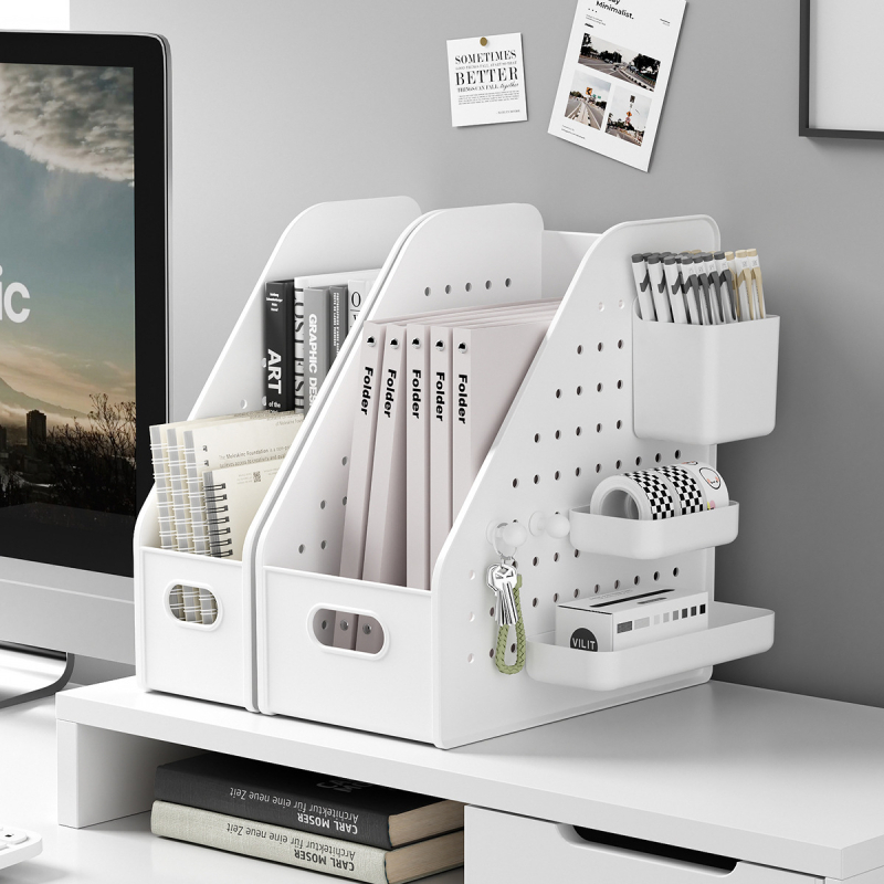 Suport plastic pentru cărți cu placă perforată – montare pe birou, 1 nivel, depozitare pentru birou sau dormitor, multipurpose