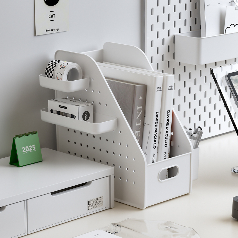 Suport plastic pentru cărți cu placă perforată – montare pe birou, 1 nivel, depozitare pentru birou sau dormitor, multipurpose