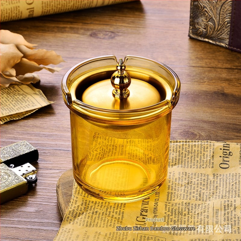 Scrumieră cu capac, în formă de pâlnie, din sticlă groasă, decorativă, cu posibilitatea de personalizare