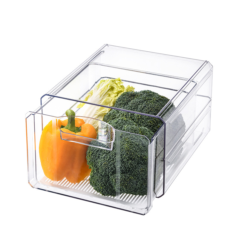 Cutie de depozitare pentru frigider, cu drenaj, stil japonez, din PET, pentru ouă, fructe și legume — stivabilă, menține prospețimea