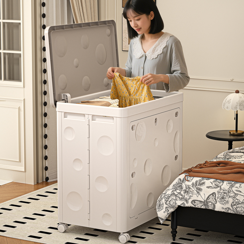 Cutie de depozitare pentru haine cu capac rabatabil, capacitate 150–200 L, plastic PP, pliabilă cu roți