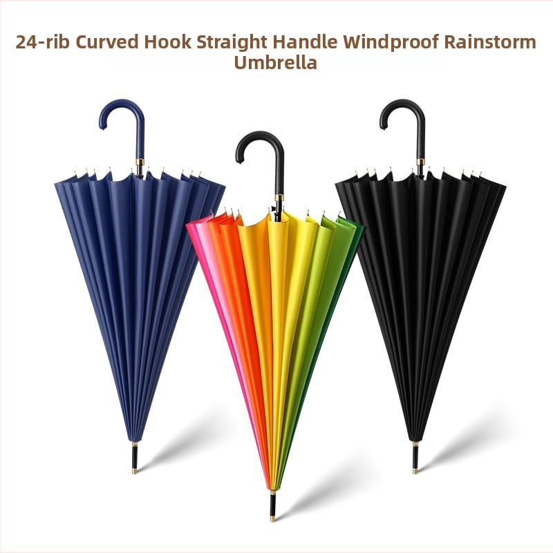 Umbrelă cu cadru din 24 nervuri, mâner lung, tijă dreaptă, tijă de fier, țesătură 190T