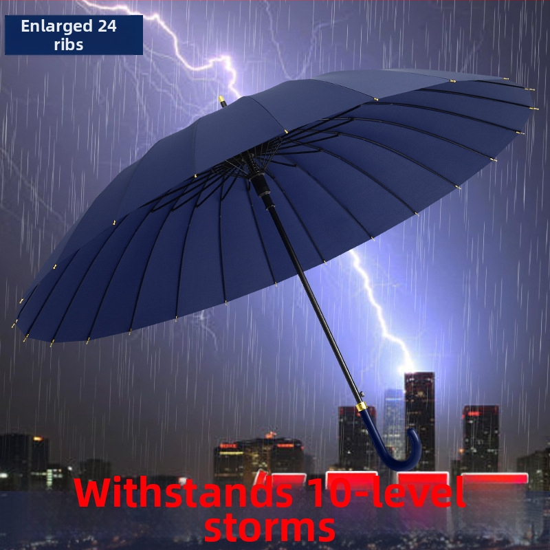 Umbrelă cu cadru din 24 nervuri, mâner lung, tijă dreaptă, tijă de fier, țesătură 190T