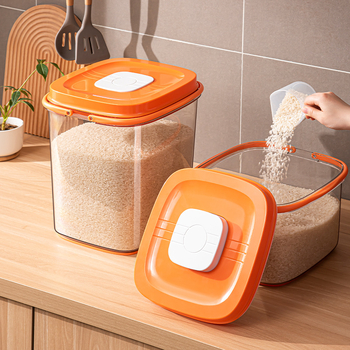 Recipient pentru depozitarea orezului, corp PET transparent și capac ABS; etanșare pentru protecție împotriva umezelii și insectelor; capacitate peste 10 L; design portabil