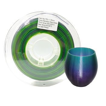 TPU šareni filament za 3D ispis — višebojni gradient, kružni presjek, duljina 265 m, gustoća 1.3 g/cm³