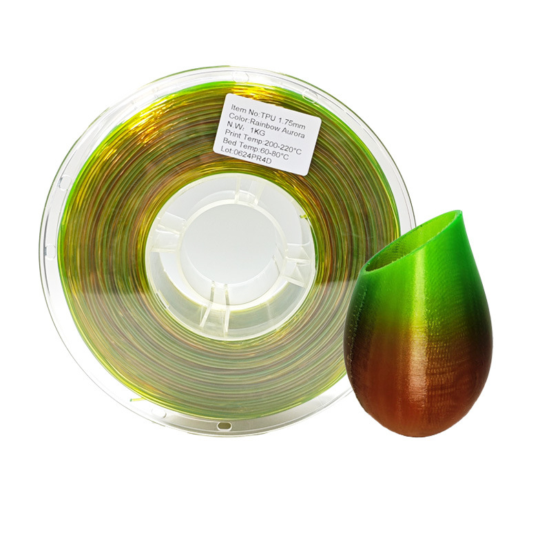 TPU šareni filament za 3D ispis — višebojni gradient, kružni presjek, duljina 265 m, gustoća 1.3 g/cm³
