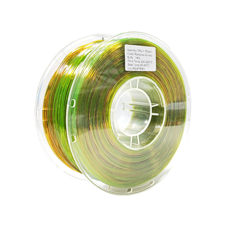 TPU šareni filament za 3D ispis — višebojni gradient, kružni presjek, duljina 265 m, gustoća 1.3 g/cm³