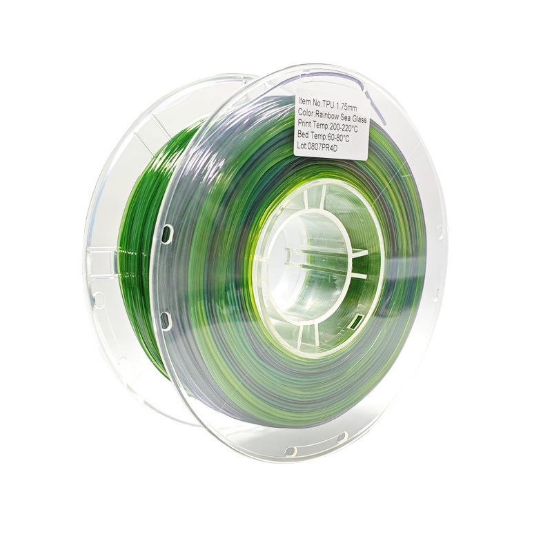 TPU šareni filament za 3D ispis — višebojni gradient, kružni presjek, duljina 265 m, gustoća 1.3 g/cm³
