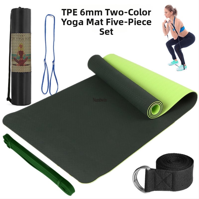 Saltea de yoga - Set de cinci piese cu bandă de întindere, latex, TPE, 6 mm