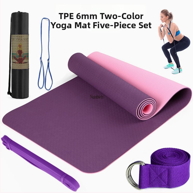 Saltea de yoga - Set de cinci piese cu bandă de întindere, latex, TPE, 6 mm
