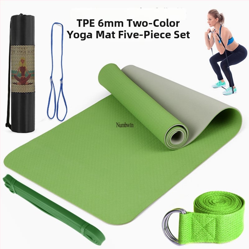 Saltea de yoga - Set de cinci piese cu bandă de întindere, latex, TPE, 6 mm