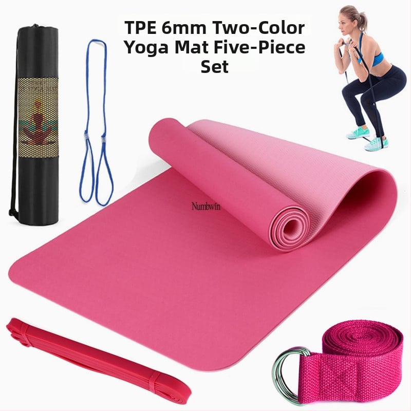 Saltea de yoga - Set de cinci piese cu bandă de întindere, latex, TPE, 6 mm