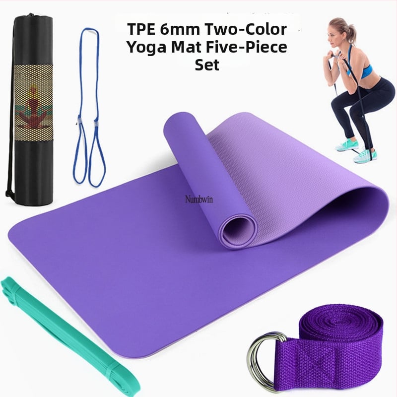 Saltea de yoga - Set de cinci piese cu bandă de întindere, latex, TPE, 6 mm