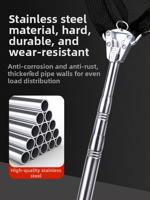 Plasă de pescuit pliabilă din oțel inoxidabil cu tijă telescopică; plasă solidă; ochi fin; capacitate de încărcare 300