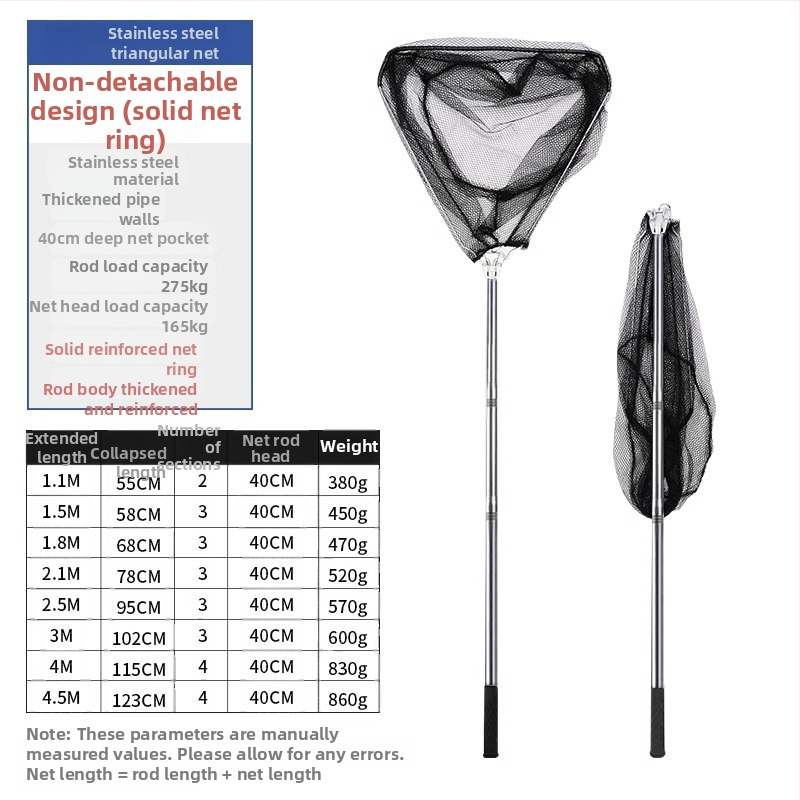 Plasă de pescuit pliabilă din oțel inoxidabil cu tijă telescopică; plasă solidă; ochi fin; capacitate de încărcare 300