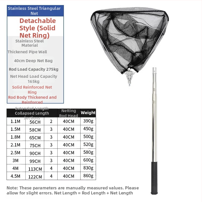 Plasă de pescuit pliabilă din oțel inoxidabil cu tijă telescopică; plasă solidă; ochi fin; capacitate de încărcare 300