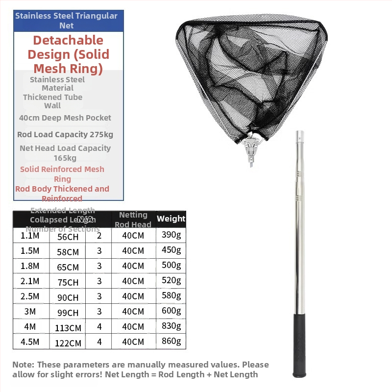 Plasă de pescuit pliabilă din oțel inoxidabil cu tijă telescopică; plasă solidă; ochi fin; capacitate de încărcare 300