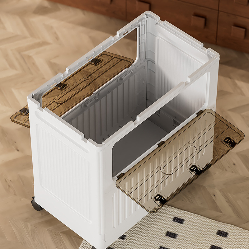 Cutie pliabilă pentru cărți din plastic PP cu ușă laterală, capacitate 90–100 L, cu roți, depozitare cărți multifuncțională