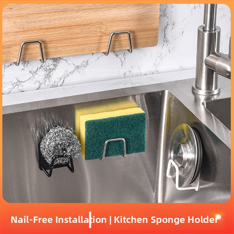 Suport din oțel inoxidabil pentru bureți și cârpe, montaj cu adeziv fără găuri, organizator multifuncțional