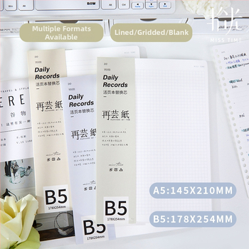 Serie de hârtie loose-leaf pentru refil, linii orizontale, compatibilă cu caiete cu 20 și 26 găuri, 60 de foi, hârtie reciclată