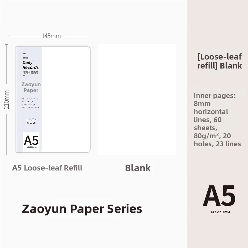 Serie de hârtie loose-leaf pentru refil, linii orizontale, compatibilă cu caiete cu 20 și 26 găuri, 60 de foi, hârtie reciclată