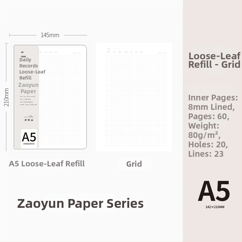 Serie de hârtie loose-leaf pentru refil, linii orizontale, compatibilă cu caiete cu 20 și 26 găuri, 60 de foi, hârtie reciclată