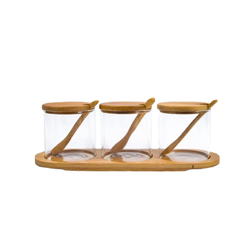 Set de borcane pentru condimente din sticlă, cu capac, lingură și tavă – rezistente la umezeală, transparente, sticlă borosilicată