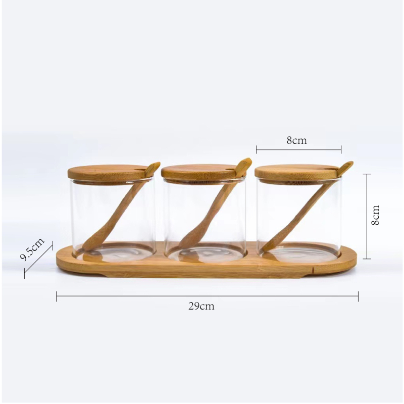 Set de borcane pentru condimente din sticlă, cu capac, lingură și tavă – rezistente la umezeală, transparente, sticlă borosilicată