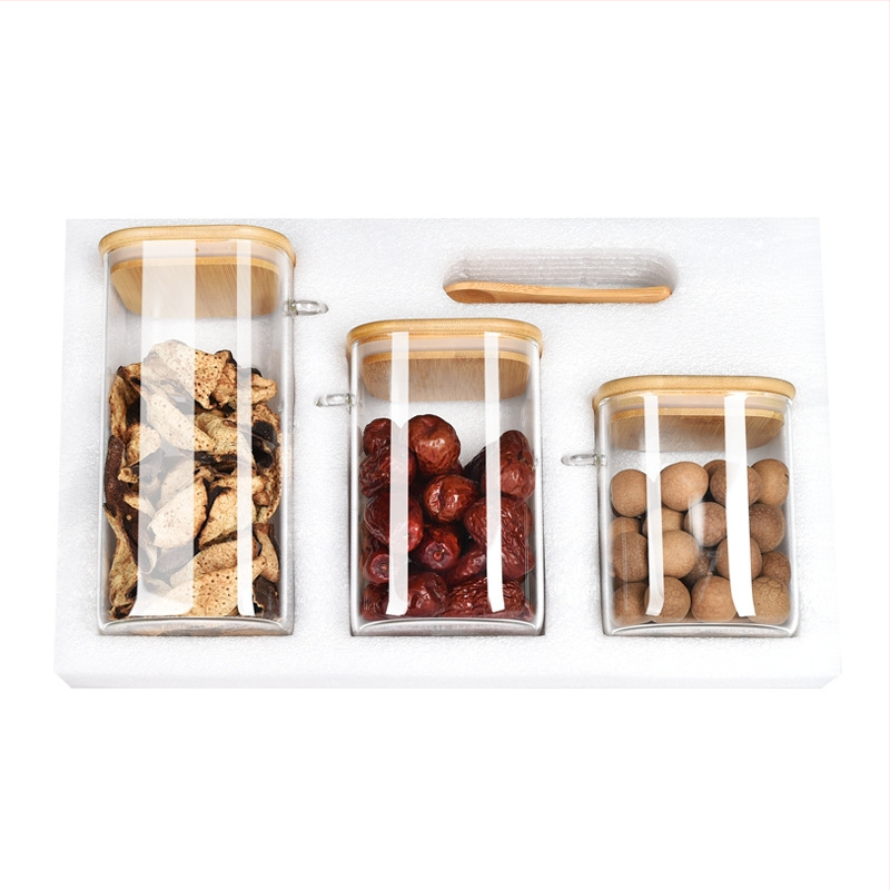 Set de borcane pentru condimente din sticlă, cu capac, lingură și tavă – rezistente la umezeală, transparente, sticlă borosilicată