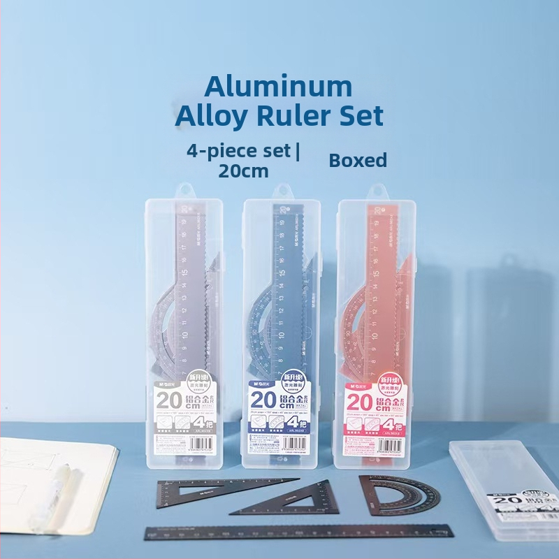 Set de desen din aliaj de aluminiu (4 piese): riglă dreaptă, riglă ondulată, protractor, placă triunghiulară — Model ARL960G0, Brand M&G Morning Light, 100 g