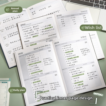 Caiet cu planificare pentru 2026: calendar și gestionare a timpului, copertă cusută cu fir, hârtie Dowling 75 g/m², 50–100 pagini, stil creativ