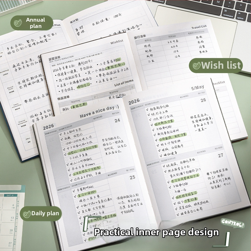 Caiet cu planificare pentru 2026: calendar și gestionare a timpului, copertă cusută cu fir, hârtie Dowling 75 g/m², 50–100 pagini, stil creativ