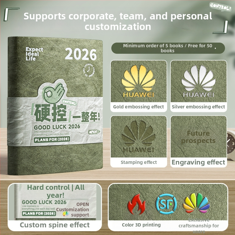 Caiet cu planificare pentru 2026: calendar și gestionare a timpului, copertă cusută cu fir, hârtie Dowling 75 g/m², 50–100 pagini, stil creativ