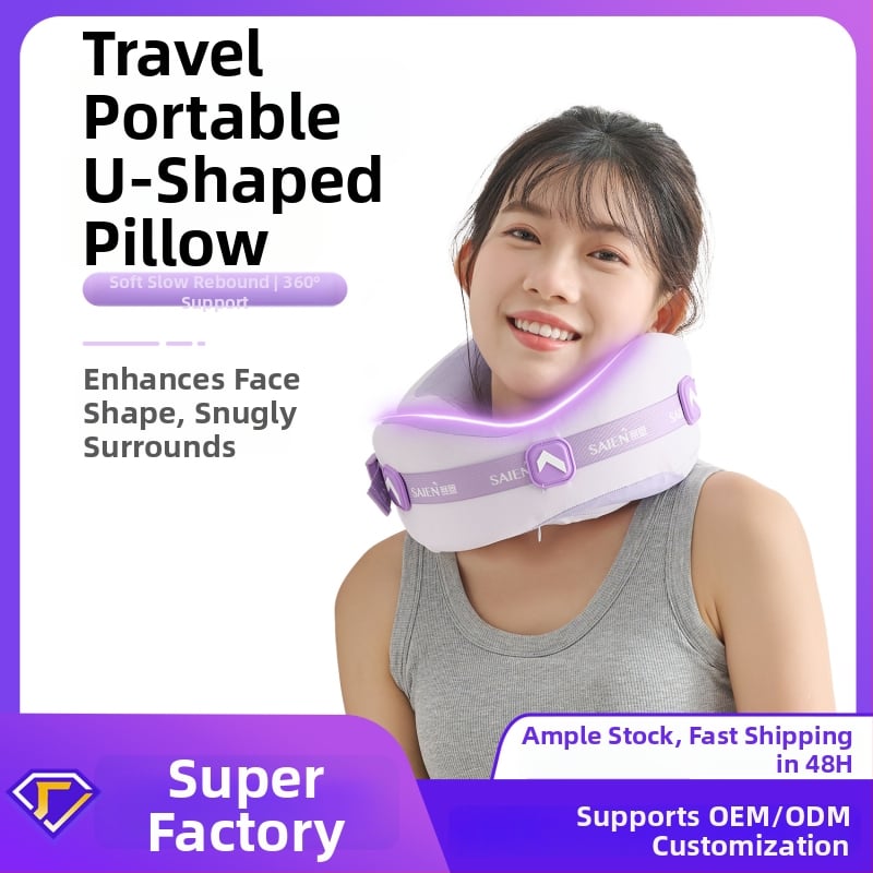 Pernă de călătorie în formă de U, memory foam, țesătură Modal, ușoară până la 0,5 kg, design modern cu pandantiv Saien