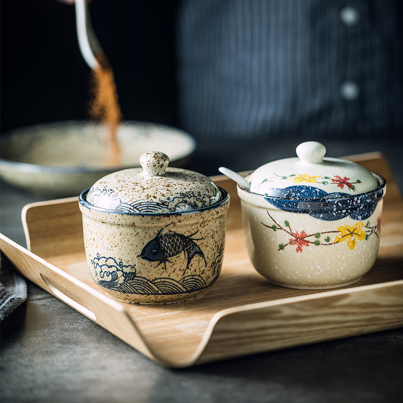 Mu Yilin borcan ceramic pentru condimente, pictat manual în stil japonez, cu linguriță, pentru condimente solide