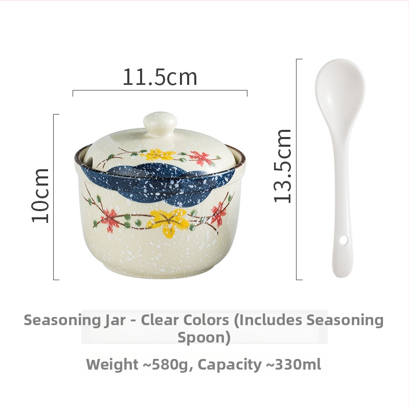 Mu Yilin borcan ceramic pentru condimente, pictat manual în stil japonez, cu linguriță, pentru condimente solide