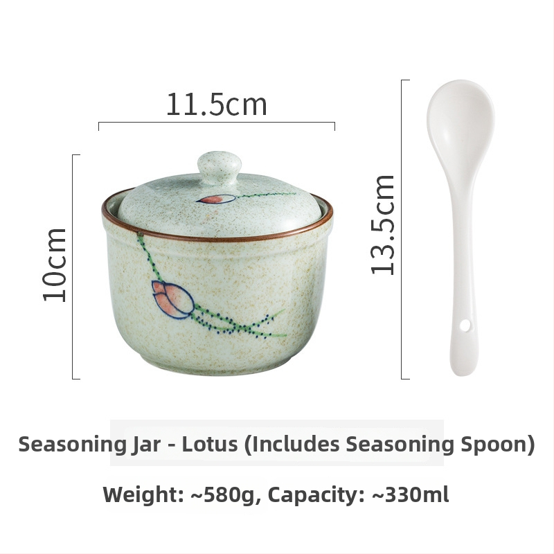Mu Yilin borcan ceramic pentru condimente, pictat manual în stil japonez, cu linguriță, pentru condimente solide