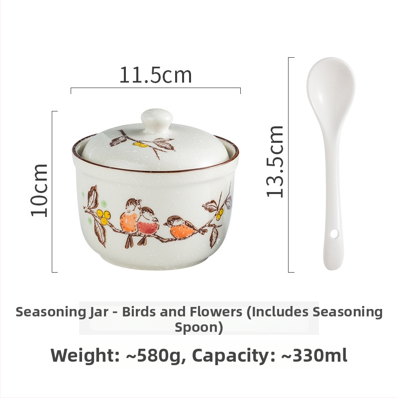 Mu Yilin borcan ceramic pentru condimente, pictat manual în stil japonez, cu linguriță, pentru condimente solide