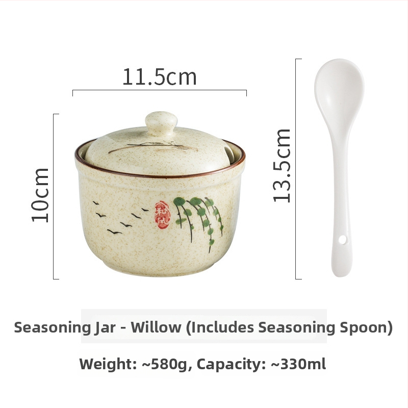 Mu Yilin borcan ceramic pentru condimente, pictat manual în stil japonez, cu linguriță, pentru condimente solide