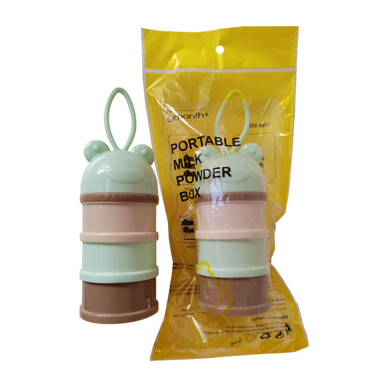 Cutie portabilă pentru lapte praf cu compartimente în mai multe niveluri, secțiuni independente, design desen animat — modele cu trei sau patru etaje pentru sugari 0–2 ani.