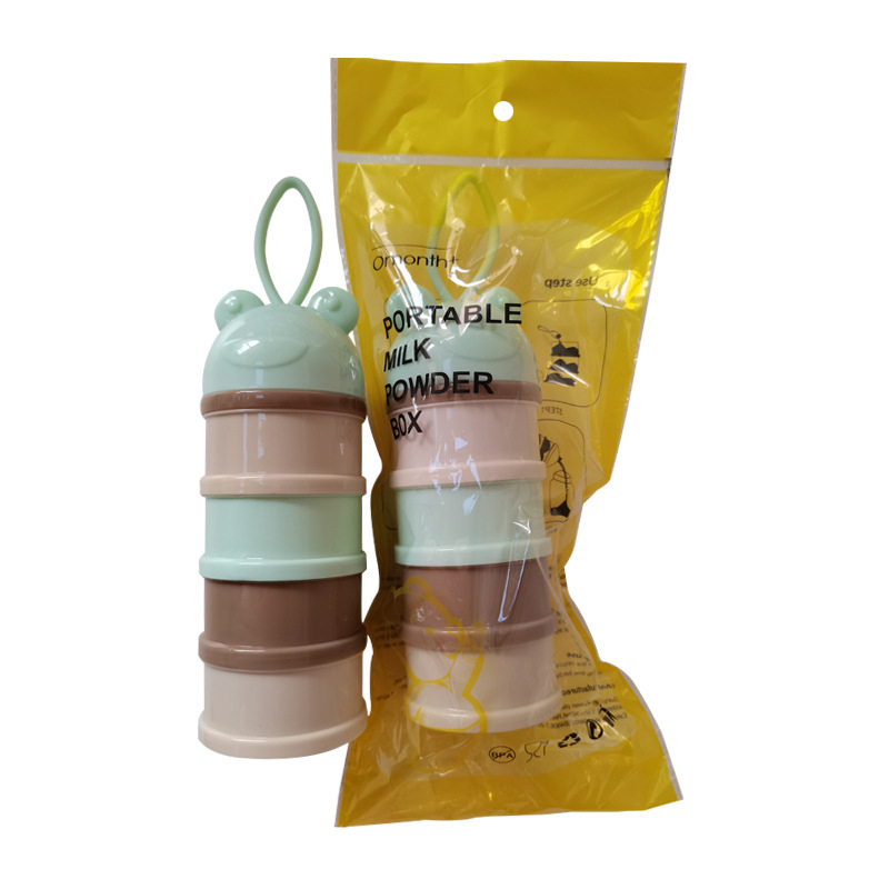 Cutie portabilă pentru lapte praf cu compartimente în mai multe niveluri, secțiuni independente, design desen animat — modele cu trei sau patru etaje pentru sugari 0–2 ani.