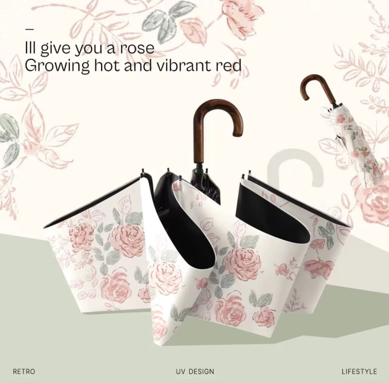 Ρετρό ομπρέλα για γυναίκες με καμπύλη γάντζο — για ήλιο και βροχή, UPF 50+ προστασία, 8 ράβδοι από ατσάλι, πολυεστερικό ύφασμα 190T, χειροκίνητος μηχανισμός ανοίγματος/κλεισίματος, δυνατότητα εκτύπωσης λογότυπου