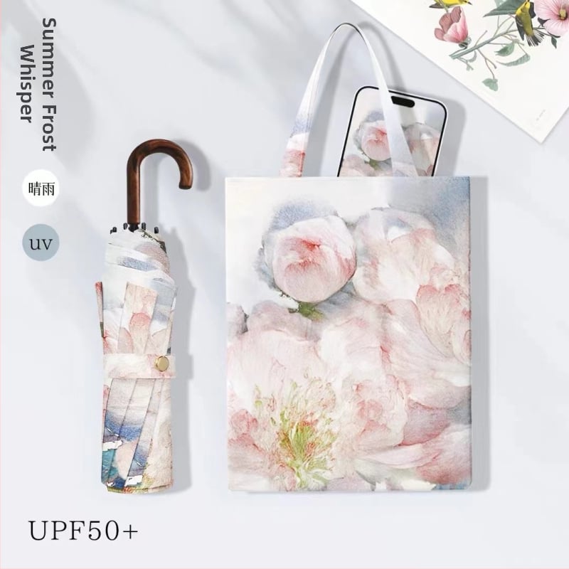 Ρετρό ομπρέλα για γυναίκες με καμπύλη γάντζο — για ήλιο και βροχή, UPF 50+ προστασία, 8 ράβδοι από ατσάλι, πολυεστερικό ύφασμα 190T, χειροκίνητος μηχανισμός ανοίγματος/κλεισίματος, δυνατότητα εκτύπωσης λογότυπου